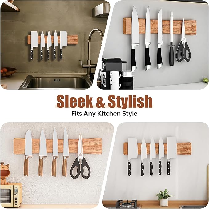 Magnetic Knife Strip, 16 Inch Oak Magnetic Knife Holder for Wall with N52 Super Strong Magnets, Premium Wooden Knife Magnetic Strip Organizer for Kitchen Knives, Tools,No Drilling