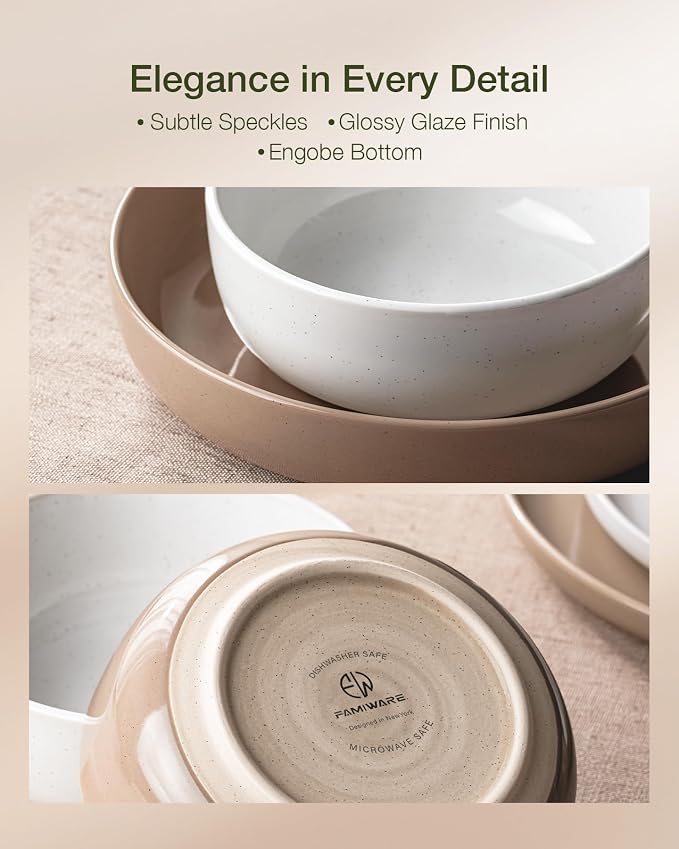 Famiware Milkyway Plates and Bowls Sets, 12 Pieces Stoneware Dinnerware Sets, Dishes Set for 4, White & Cinnamon Brown