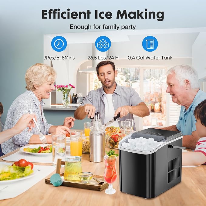 Hexago Countertop Ice Maker, 6-Min Fast Ice Machine with 2 Sizes Bullet Ice, Self-Cleaning Portable Ice Maker with Handle, 26.5 lbs/24H, Quiet Ice Maker for Home, Office, RV & Party