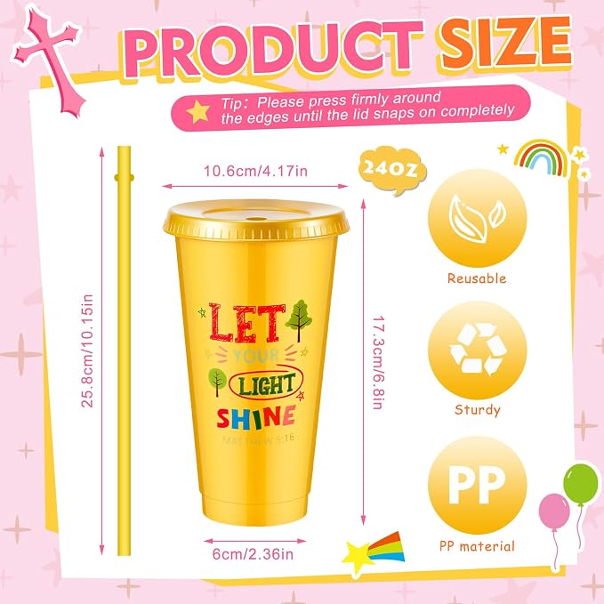 Uiifan 100 Pcs VBS Christian Cups for Kids Bulk, Reusable Plastic Tumblers with Lids and Straws, Bible Verse Cups for Sunday School, VBS, Church Events, Classroom Rewards, Kids Party (Multicolor)