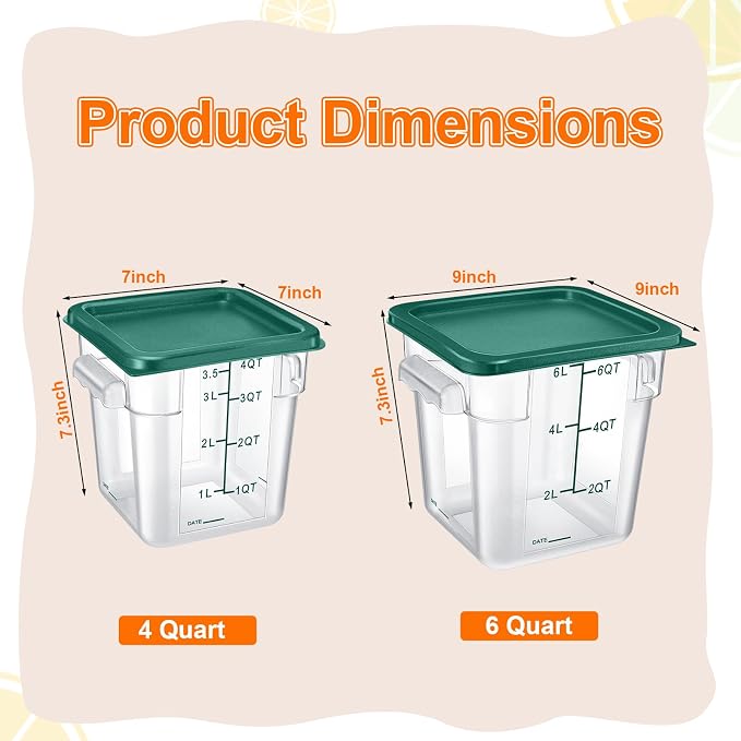 Suclain 8 Pack 4 QT and 6 QT Food Storage Containers with Lids Scales Handles Square Clear Restaurant Food Storage Containers Polycarbonate Commercial Grade for Kitchen Marinating Meat Dough(Green)
