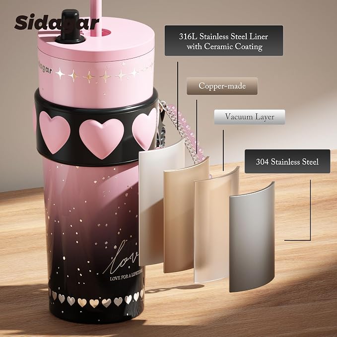 24 oz Stainless Steel Tumbler with Lid and Straw, Insulated Coffee Mug, Leak Proof, Portable Iced Travel Water Bottle, Reusable Thermal Coffee Cup Gift for Women, Pink