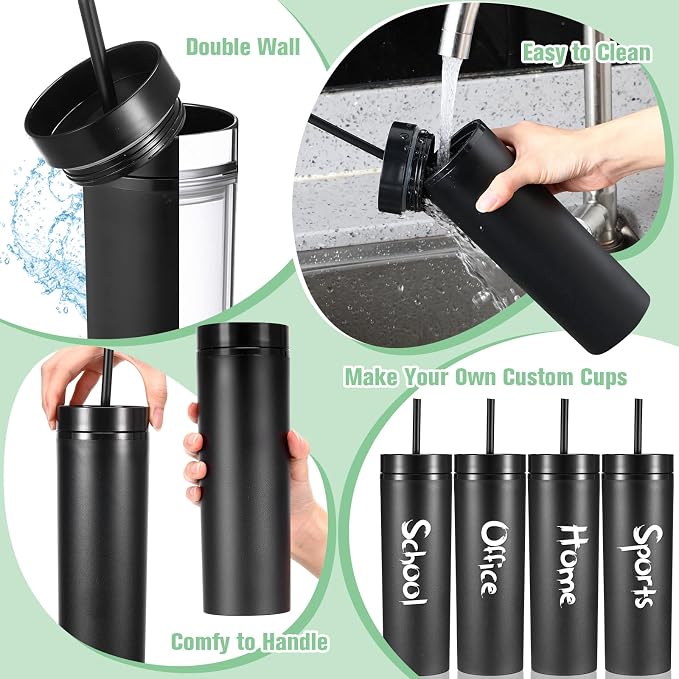 Mimorou 8 Pack Skinny Tumbler with Lids and Straws 16 oz Matte Acrylic Tumblers Straight Double Wall Plastic Reusable Cup Laser Engrave Customized DIY Gifts for Parties Birthday Home Office (Black)
