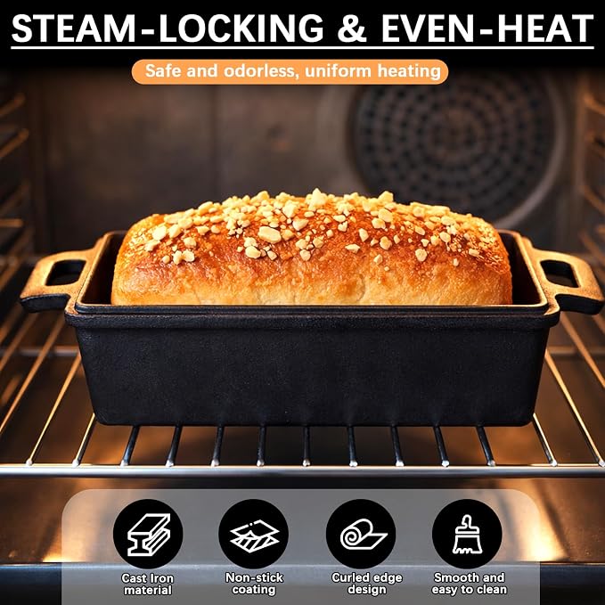 9×5 Inch Cast Iron Loaf Pans with Lids Even Heat Distribution for Baking Bread, Non-Stick Bread Pans for Homemade Sandwich and Sourdough Bread