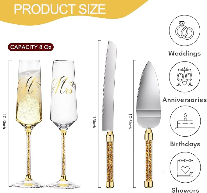 Wedding Cake Knife and Server Set, Champagne Flutes Print Mr and Mrs for Bride and Groom Toasting Glasses Wedding Bridal Shower Gifts