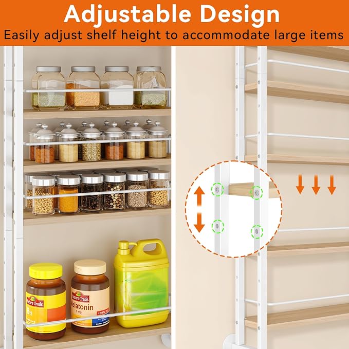 IBUYKE 6 Tier Over The Door Pantry Organizer,Wall Mounted Spice Rack,Door Hanging or Wall,Adjustable Hanging Storage Shelves,Spice Organization for Kitchen cabinet,Bathroom,Closet,Natural UTLJ028R