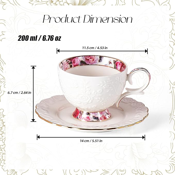 KAMMAK Tea Cups and Saucers Set of 2, 6.7oz Porcelain Coffee Cups with Saucers, Ceramic Espresso Mugs for Coffee, Latte, Americano, Tea, Elegant Teacup and Saucer (YFH13)