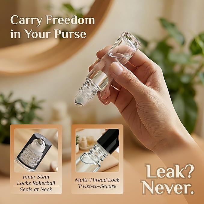PrettyCare 24 Pack, 10 ml Essential Oil Roller Bottles with Stainless Steel Roller Ball - Refillable Leak-proof Empty Thick Clear Glass Roll on Bottles with Black Caps for Travel, Perfume