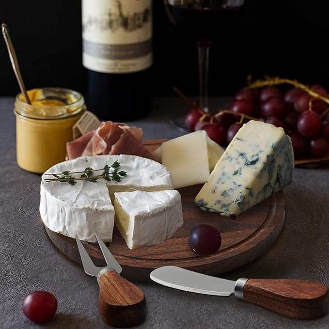 Maxcheck 1 Set Baby Shower Bridal Game Prizes for Winners Round Cheese Board Set Wood Mini Charcuterie Board with Knives and Forks Thank You Card with Gift Box for Guests Wedding (Walnut)