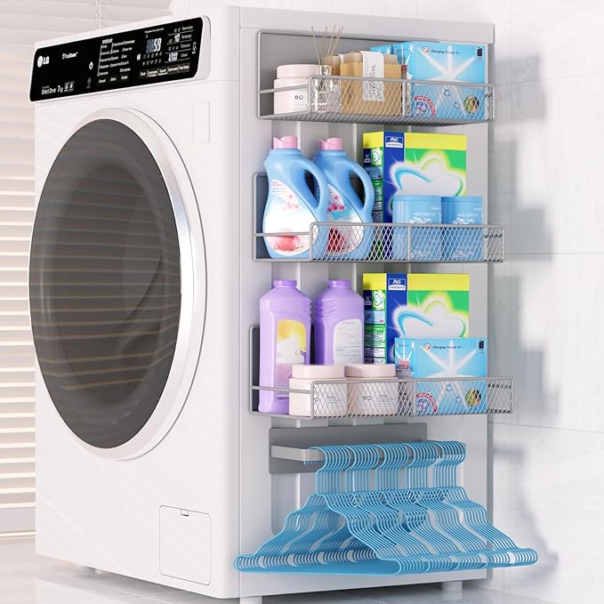 DTUQYX Magnetic Shelf for Washing Machine 4-Pack: Widen Magnetic Laundry Organizer (5"-6") with Hanger Organizer, Strong Magnet, Rust Proof, Heavy Duty Magnetic Spice Rack for Refrigerator (Grey)