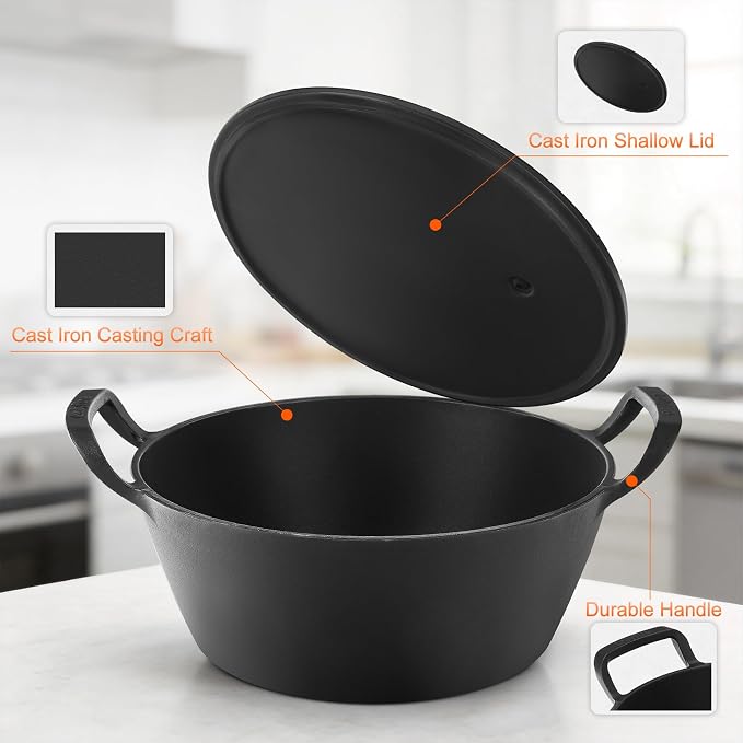 Onlyfire Cast Iron Dutch Oven, Heavy-Duty Dutch Oven Pot with Lid & Handle for Induction, Gas & Oven and Campfire, Cast Iron Skillet Cookware for Bread, Frying, Baking, 5.5 Quart