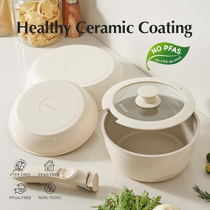 Redchef Ceramic Pots and Pans, Nonstick Kitchen Cookware, Non Toxic Pots and Pans Non Stick, PFAS PFOA & PTFE Free, Detachable Handle 10 Piece Set (Beige+Blue), RV Cookware