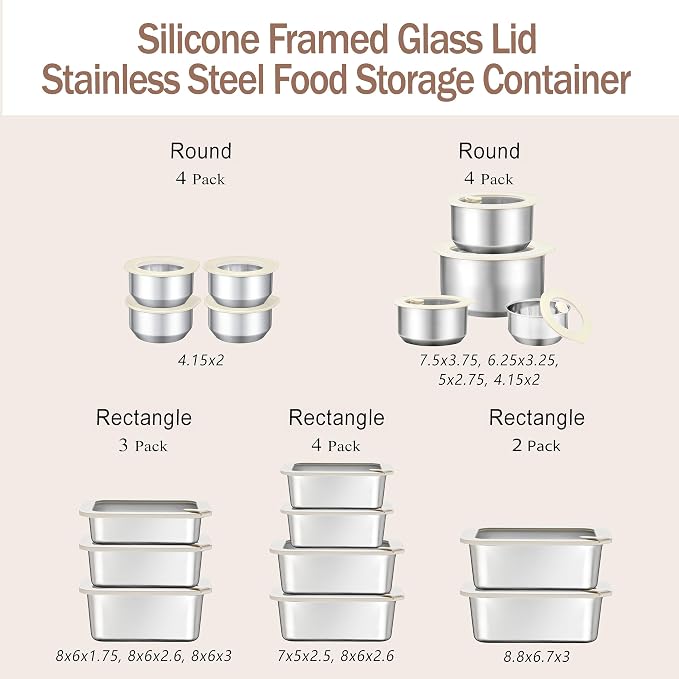 Stainless Steel Food Containers with Glass Lid, Airtight Leakproof Stainless Steel Storage Containers in set of 4, Rectangle Shape, Microwave Safe Food Container Set, 100% Plastic Free, BPA Free