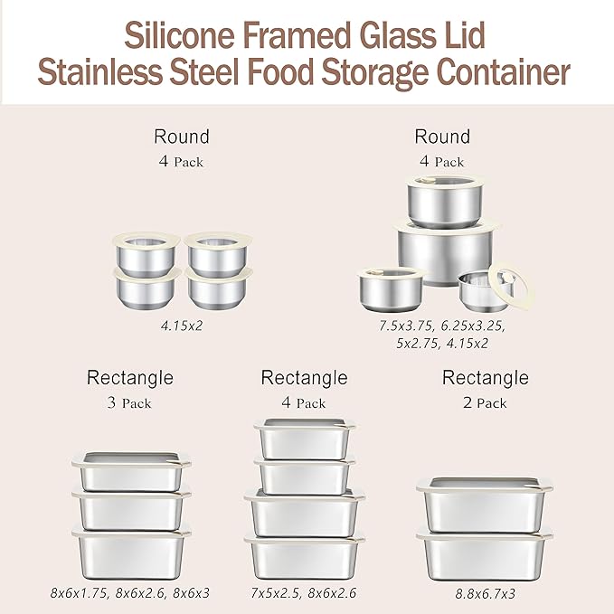 Urban Green Stainless Steel Food Containers with Glass Lid, Airtight Leakproof Stainless Steel Storage Containers in set of 4, small size, Round Shape, Microwave Safe, 100% Plastic Free