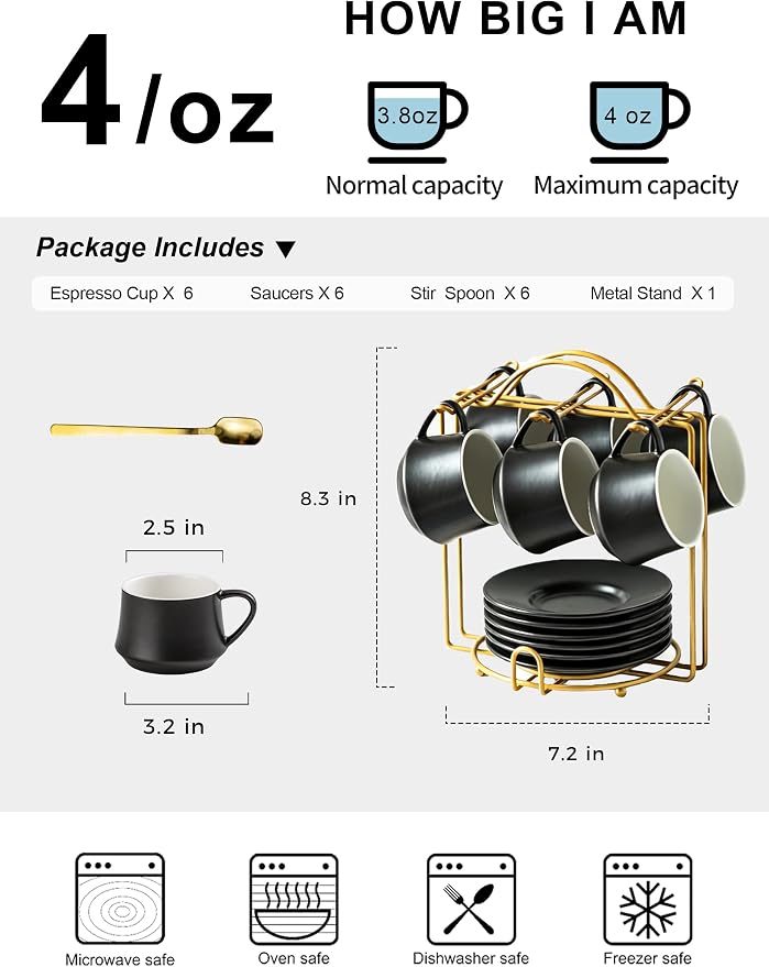 YHOSSEUN Ceramic Espresso Cups Set of 6, 4 OZ Expresso Shots Cup with Stand, Saucers & Spoons, Small Coffee Cup Demitasse Cups for Father's Day, Espresso Accessories for Machine, Black
