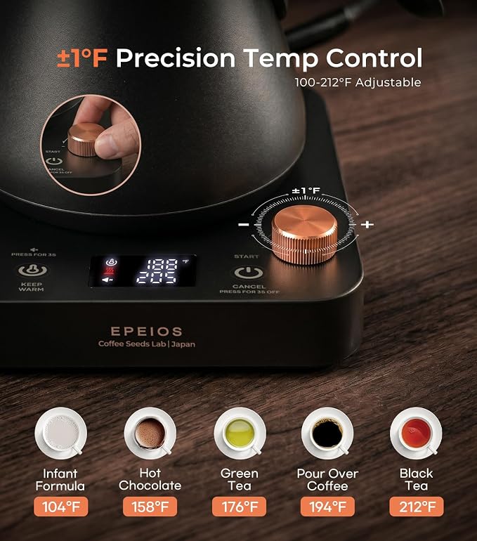 Epeios Electric Kettle, Gooseneck Electric Kettle with ±1°F Temperature Control, 1200W Rapid Heating for Pour Over Coffee & Tea, 304 Stainless Steel Interior, Auto Shut-Off, 0.9L, Green