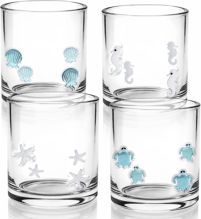 4 Pcs Summer Ocean Icon Glasses Set, 14oz Aesthetic Shell Starfish Seahorse Turtle Glass Cup Icon Stemless Coffee Cocktail Glassware Cup for Party Supplies Gift (Ocean)