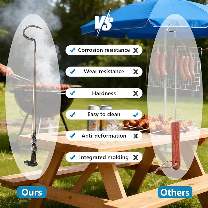 Meat Flipper, Grill Hooks for Turning, Heavy Duty Stainless Steel BBQ Turner Hooks with Long Handle for Flipping Ribs, Pork Shoulder, Roast on Smoker Grilling (Left Hand - A)