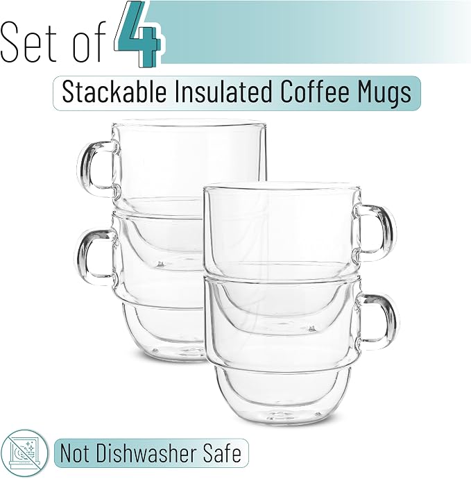 BTaT- Double Walled Stackable Glass Coffee Mugs, 8 oz, Set of 4, Glass Coffee Cups with Handle, Insulated Clear Coffee Mug for Hot and Cold Beverages, Cappuccino, Latte, Tea, Americano