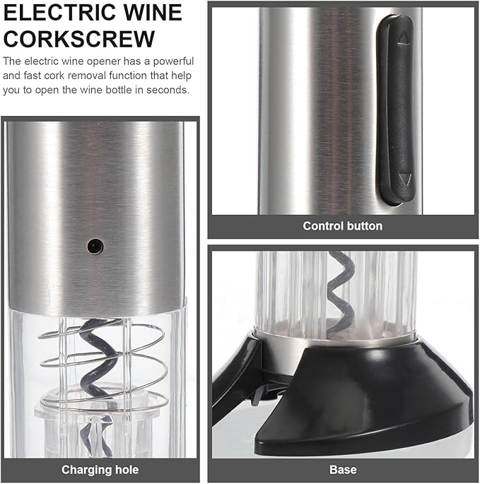 DECHOUS Electric Wine Opener Rechargeable Stainless Steel Automatic Corkscrew with Vacuum Stopper Foil Cutter USB Charging Cable for Wine Bottles