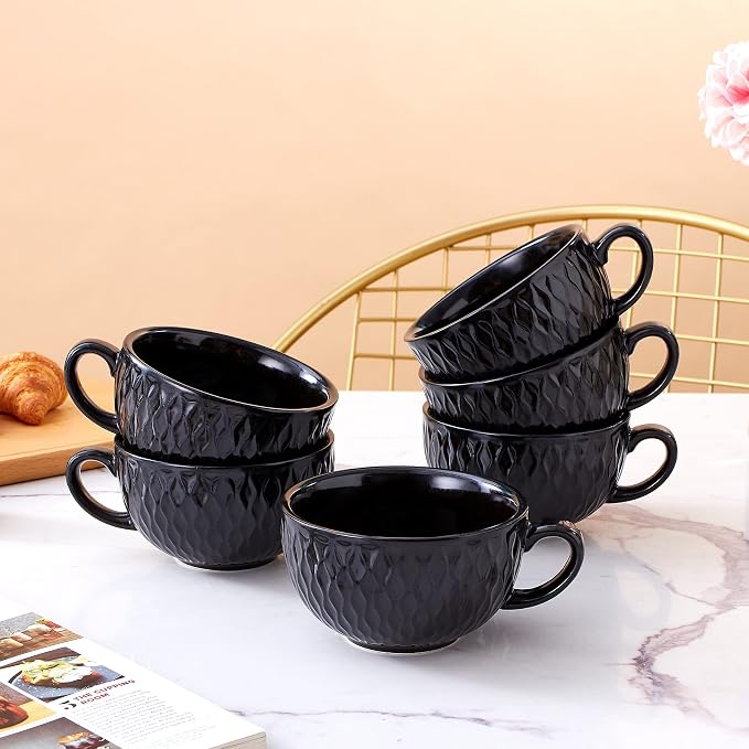 Coffeezone Set of 6 Cups Vintage Design 12 oz Professional Barista Ceramic Latte Art Cappuccino Cups Set (Embossed Black * 6)