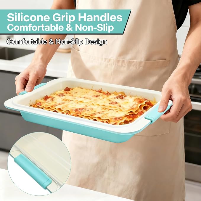 13x9 / 9x13 Baking Pan with Lid, Nonstick Aluminized Steel Cake Pan with Silicone Handles, Covered Bake & Carry Pan for Potlucks, Casseroles, Lasagna & Meal Prep