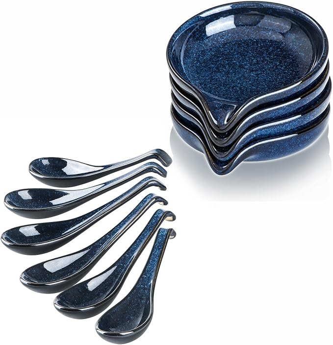 Vicrays 10PCS Ceramic Utensil Set - 5.2 Inch Spoon Ladle Rests, 6.4 inch Asian Soup Spoons, Farmhouse Kitchen Accessories for Stove and Serving - Dishwasher Safe, Blue