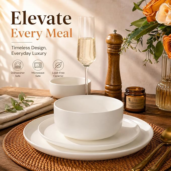 LERATIO Stoneware Dinnerware Sets for 4,Handcarft Ceramic Plates and Bowls Sets,Chip and Scratch Resistant Dishes, Dishwasher & Microwave Safe, Oven safe,Reactive Glaze-White