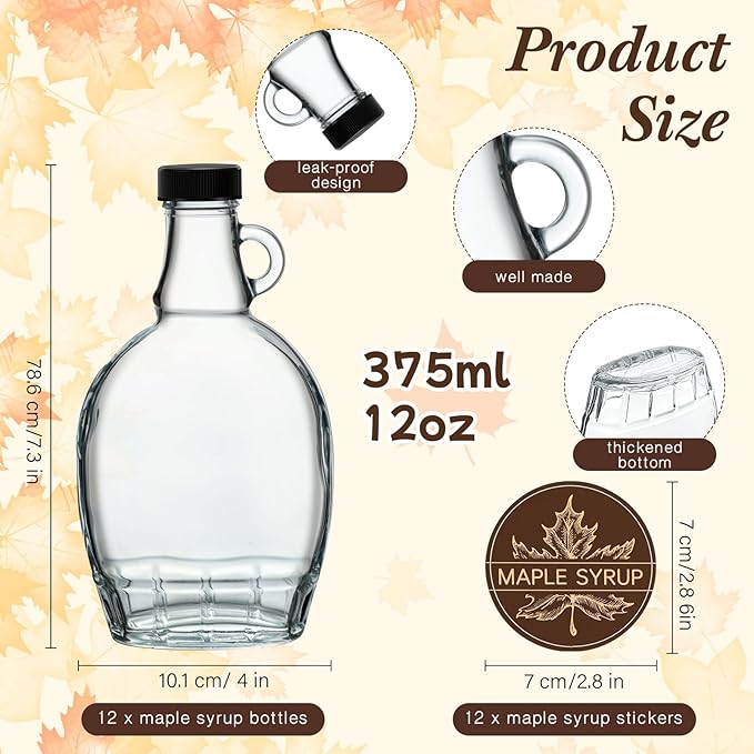 FoldTier 12 Pcs 12 oz Glass Maple Syrup Bottles Clear Reusable Glass Bottles with Lids Loop Handle and Maple Syrup Stickers Jars Container for Milk Potion Juice Sauce Oil Storage Gift(Stylish)