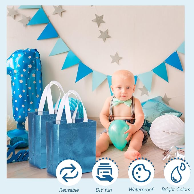 Eccliy Reusable Gift Bags Set Glossy Grocery Gift Tote Bag with Handle for Wedding, Bridal Shower, 4th of July, Summer Event(10 x 8 x 4.7 Inch,Lake Blue,80 Pcs)