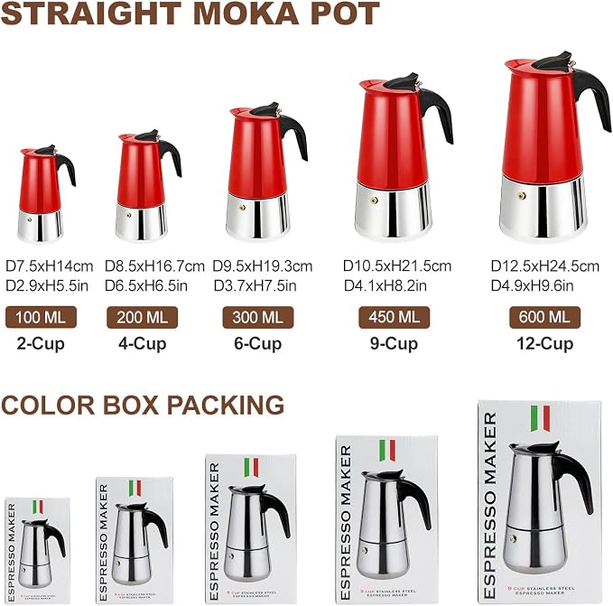 2 Cup Stovetop Espresso Maker Stainless Steel Moka Pot Stove Top Percolator Italian Coffee Makers Capable Mocha Greca Machine Cafe Classic Induction Cookers for Home and Camping 100ml 3.3oz