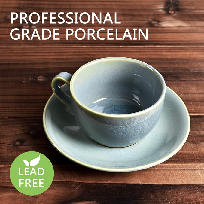 Bosmarlin Ceramic Coffee Cup Mug with Saucer Set of 2 for Latte, Cappuccino, Tea, 8.5 Oz, Dishwasher and Microwave Safe(Sage Green, 2)