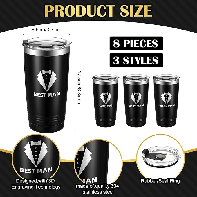 Skylety 8 Pack 20 oz Groomsmen Gifts Groom Cups Groomsmen Tumblers with Lid Stainless Steel Groomsmen Cups for Bachelor Party Wedding Proposal Travel Gift