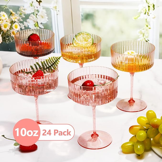 Jingmore Ribbed Martini Glasses 10 oz Disposable Plastic Vintage Ribbed Coupe Glasses with Gold Rim Cocktail Unbreakable Dessert Parfait Glassware for Wedding Party Supplies(Pink,24 Pcs)