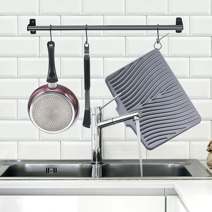TIKNIK Silicone Dish Drying Mat, Stone Drying Mat for Kitchen Counter with Built-In Drain, Non-Slip Drain Pad with Built-in Drain, Heat Resistant Stone Drying Mat, Hangable, Grey-2pcs, 16" x 12"