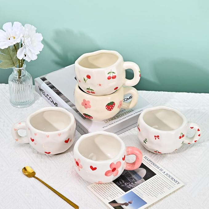 Koythin Ceramic Coffee Mug with Saucer Set, Cute Creative Cherry Bow Cup Unique Irregular Design for Office and Home, 10 oz/300 ml for Latte Tea Milk