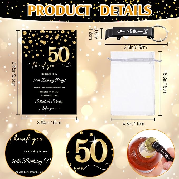 LemonRoad 50 Set 50th Birthday Party Favor for Guest Bulk, 1.4 oz Plastic Shot Glasses Cup, Cheers to 40/50/60/70/80 Years Beer Bottle Opener Keychain Thank You Card Gift Bag for Souvenir Party Gift