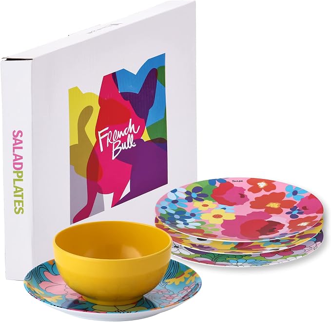 French Bull Assorted Plates - 4 Piece Set - 9 inch Melamine Salad Plates Set of 4 - Melamine Dinnerware for Indoor and Outdoor - Assorted Garden Floral