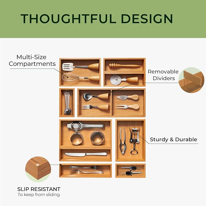 keechee Carbonized Bamboo Kitchen Drawer Organizer (Bundle: 10pc Organizers Set)
