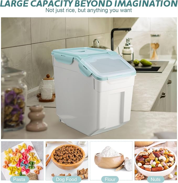 Sunnyray 2 Pcs 55 lbs Grain Rice Storage Container Flour Bin with Wheels Cup Leak Proof Pet Food Storage Boxes Seal Locking Lid Plastic Rice Containers Set for Cereal Flour Cat Dog Food (Blue)