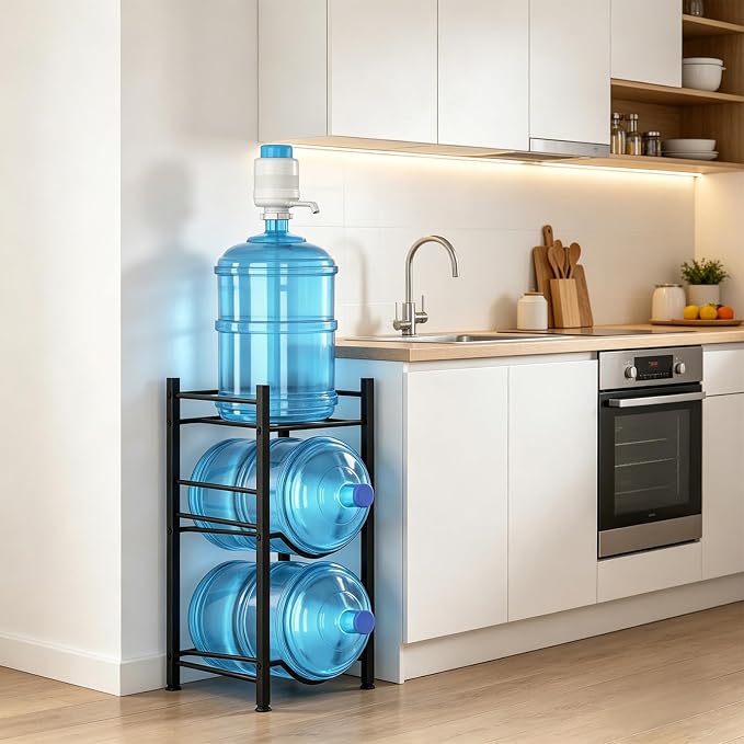 Small 5 Gallon Water Jug Holder, 3 Tier Water Jug Stand Holder with 1 Dispenser Valves, 5 Gal Water Bottle Storage Rack Organizer for Kitchen, Office, Garage