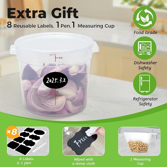 BIEAMA 4 Pack 6 Qt Round Food Storage Containers with Lids, Translucent PP | Include lids, labels, measuring cups and containers with capacity markings for food prep, pantry storage and dough proofing.