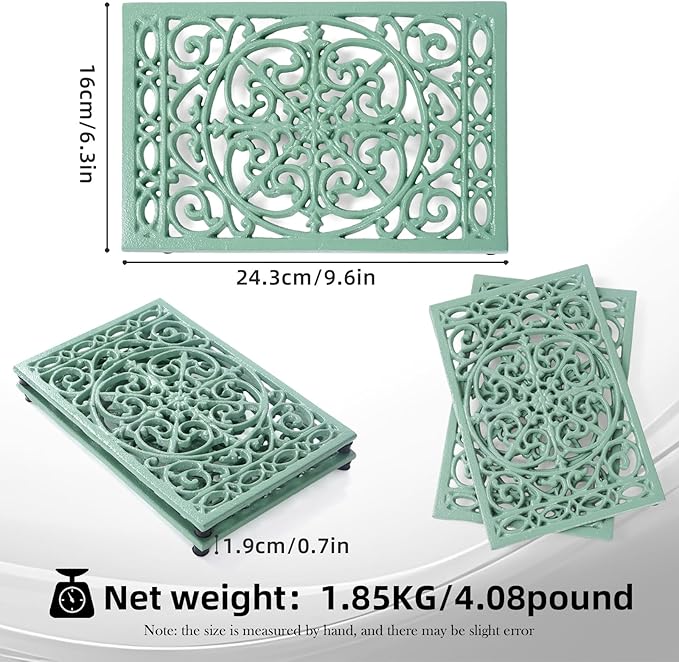 Notakia 9.6 x 6.3 Inch Cast Iron Trivet Set, Large Metal Trivets for Hot Dishes Pots Pans Decorative Kitchen Trivets, Heat-Resistant Trivet Mats for Quartz Countertops, Green Kitchen Accessories