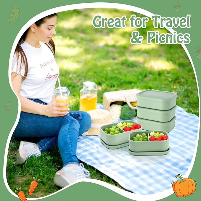 Honeydak 4 Pcs Silicone Bento Box for Adults, 3 Compartment Lunchable Food Container for Women Men, Leak Proof Microwave Dishwasher Freezer Safe (Olive Green)