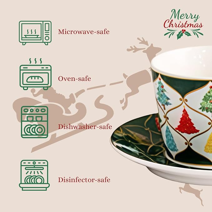 Espresso Cups and Saucers Set of 2, 4 oz Ceramic Small Coffee Mug with Handle,Green Gold Festive Tree Pattern for Tea, Latte, Cafe, Microwave & Dishwasher Safe, Decorative Holiday Gift Box