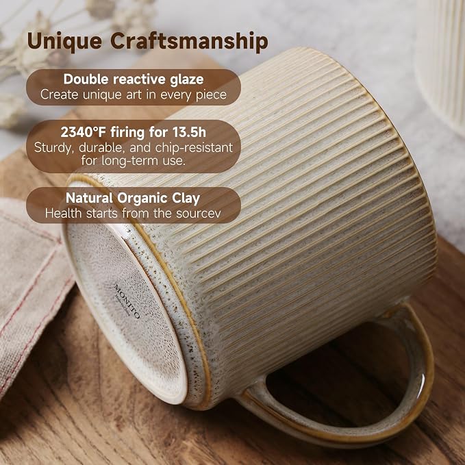 MONITO Coffee Mugs Set of 6, 16 oz Mugs Set, Ceramic Coffee Cups with Large Handles, Suitable for Lattes, Hot tea, Cappuccinos, Mochas and Cocoa,Bonbon Beige