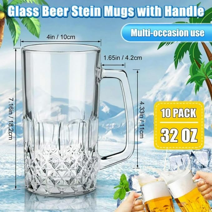 Reallnaive 10 Pack 32 oz Beer Mugs for Oktoberfest Freezer Glass Beer with Handles Mugs Steins German Large Heavy Cups for Men Drinking Gifts (Diamond Style)