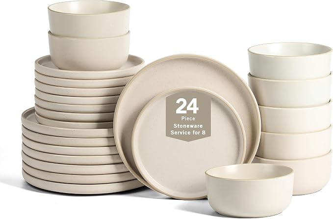 Earth & Clay Amber 24-Piece Dinnerware Set Stoneware, Dishwasher and Microwave Safe Plates and Bowls Set, Dish Set for 8, White Speckled