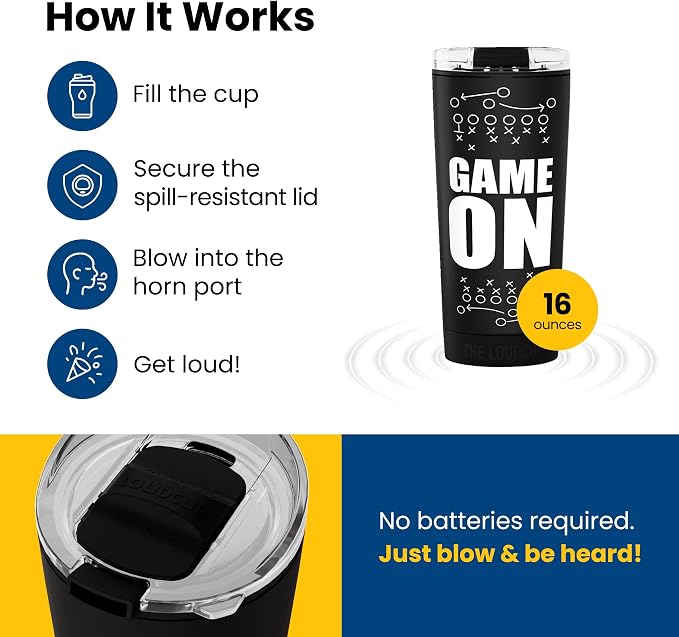 The LoudCup Blow Horn Tumbler, Cheer & Sip 2-in-1 Reusable Water Bottle with Built-In Horn for Sports Games, Tailgates, Parties & Events, BPA-Free, 16 oz, Game on - Black