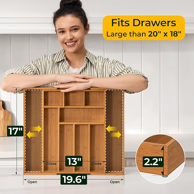 keechee 6-Piece Bamboo Drawer Organizer Set, 2.2" Deep Multi-Use Organizers for Utensils, Silverware, Cutlery, Desk, Bathroom, Junk Drawer & Makeup, Non-Slip Feet Included.